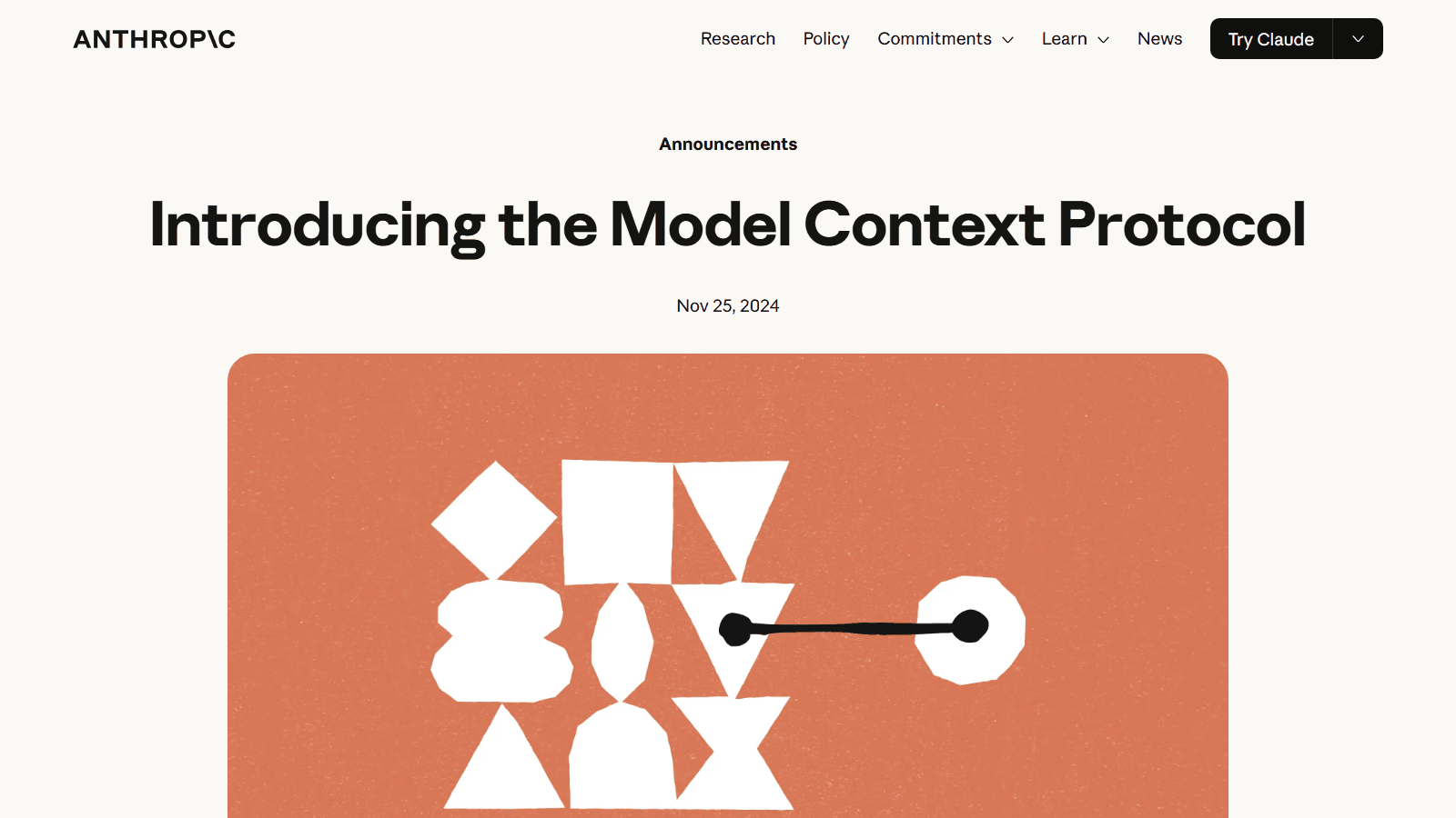 Anthropic社によるMCP発表ページ「Introducing the Model Context Protocol」(2024年11月25日付の公式発表)