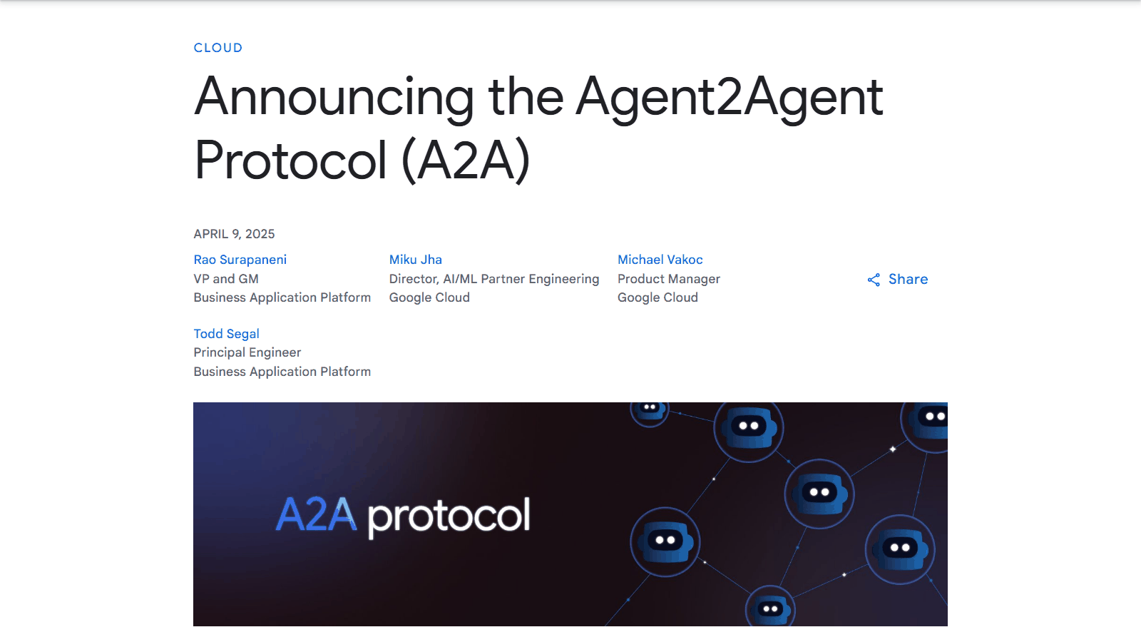 Google社によるA2Aプロトコル発表ページ「Announcing the Agent2Agent Protocol (A2A)」(2025年4月9日付の公式ブログ)