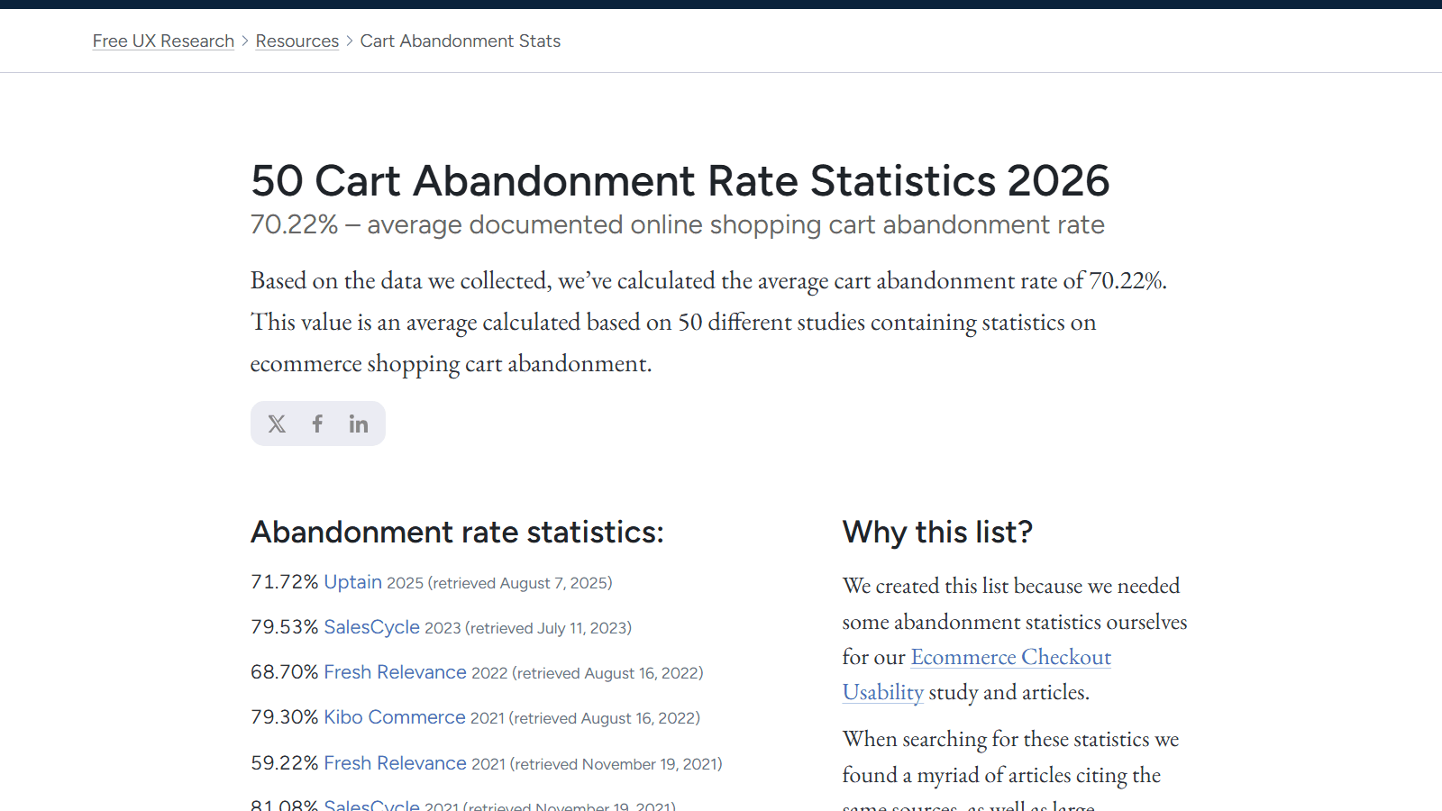 Baymard Instituteのカゴ落ち率の集計ページ。複数調査の平均が約70%と示されている