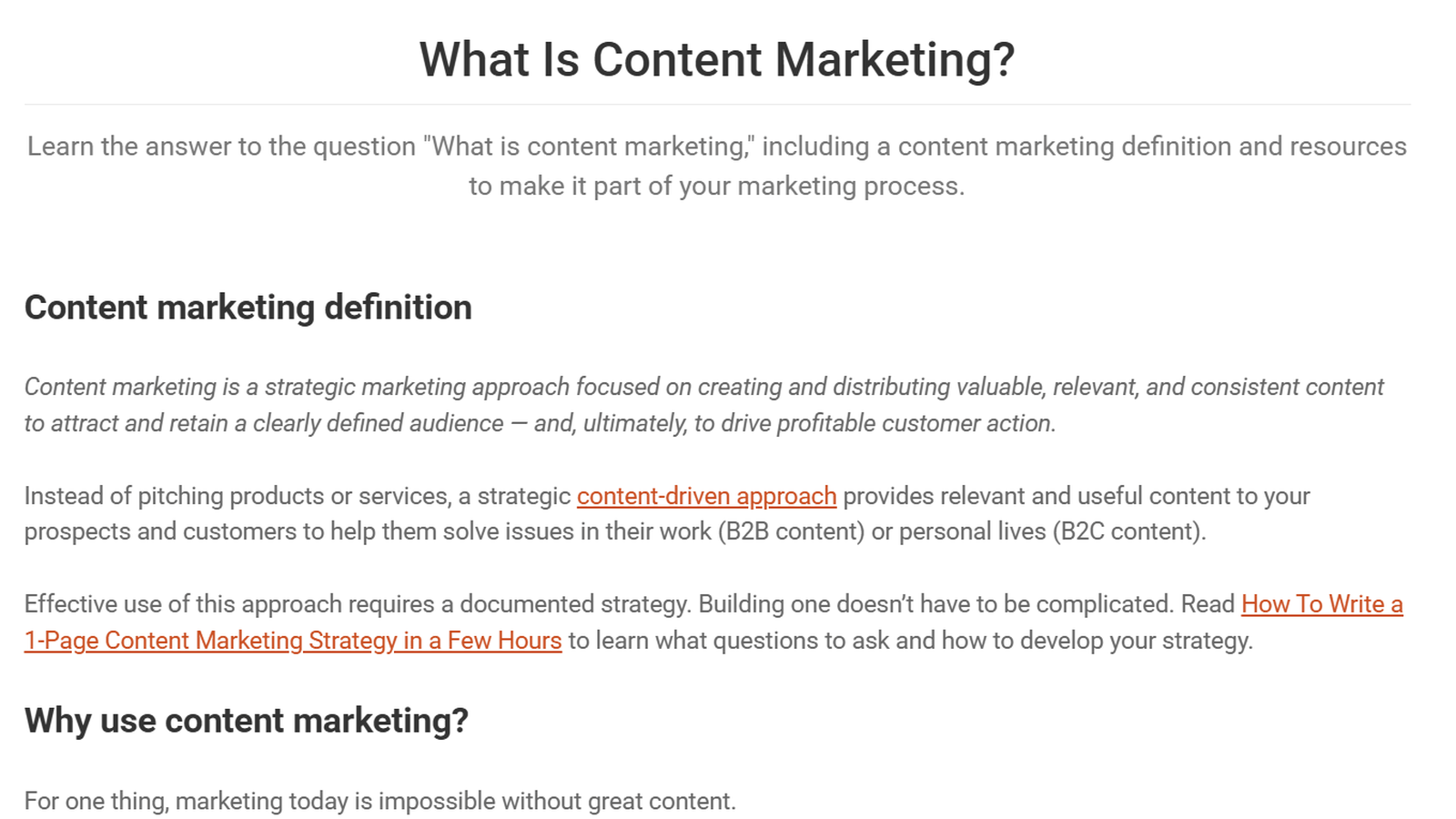 Content Marketing Institute「What Is Content Marketing?」のコンテンツマーケティングの定義を示した部分