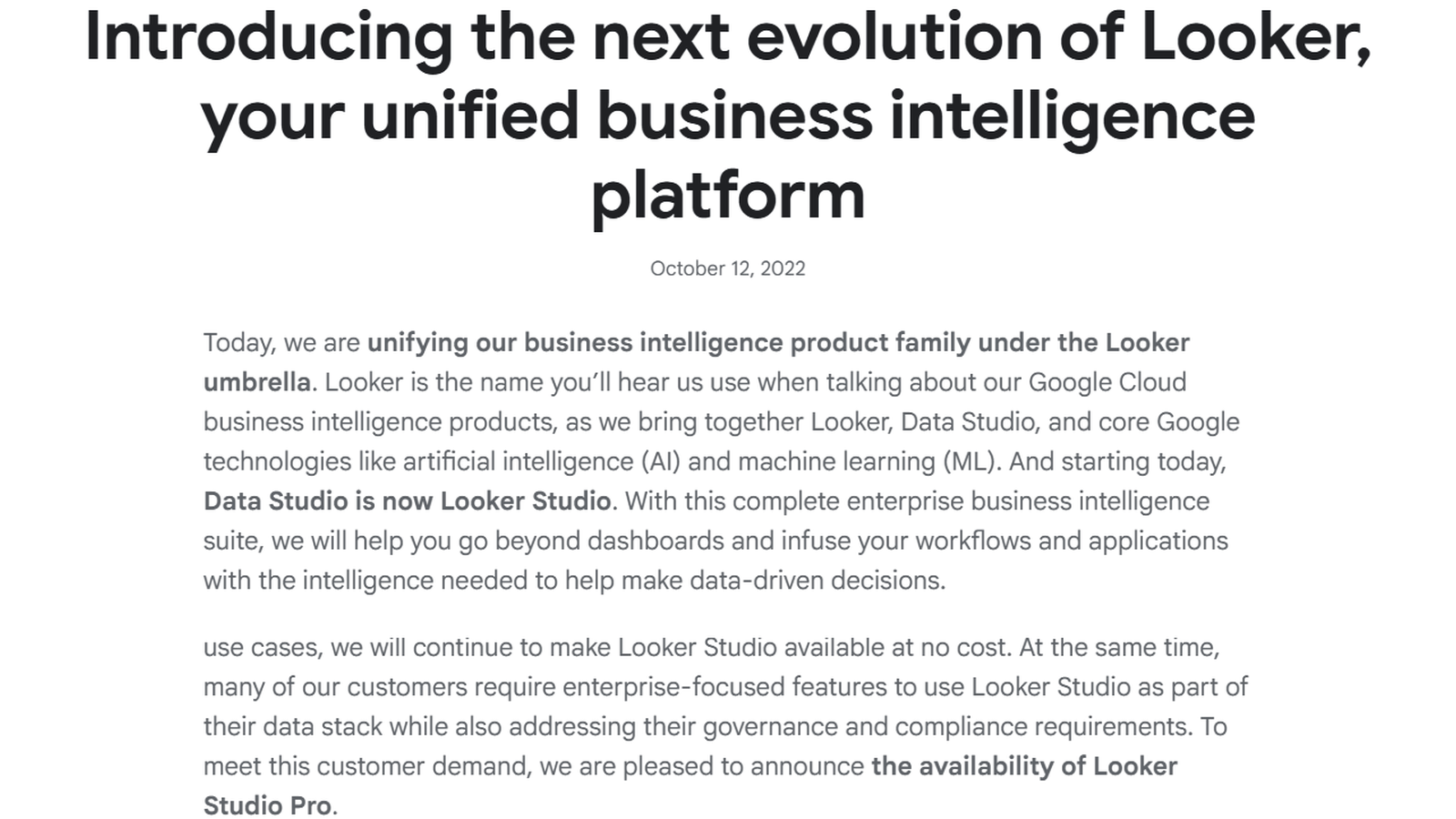 Google Cloudブログ(2022年10月12日)の該当箇所(Data Studio is now Looker Studio・Looker Studio Proの発表)