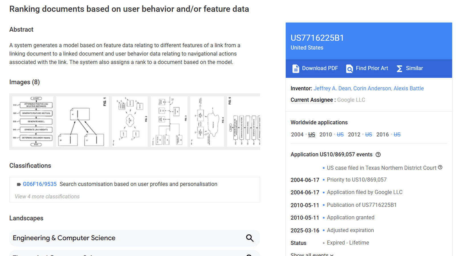 Google Patentsの特許US7716225B1(リンクの特徴と利用者の行動でリンクの重みを決める特許。2004年出願・2010年登録)