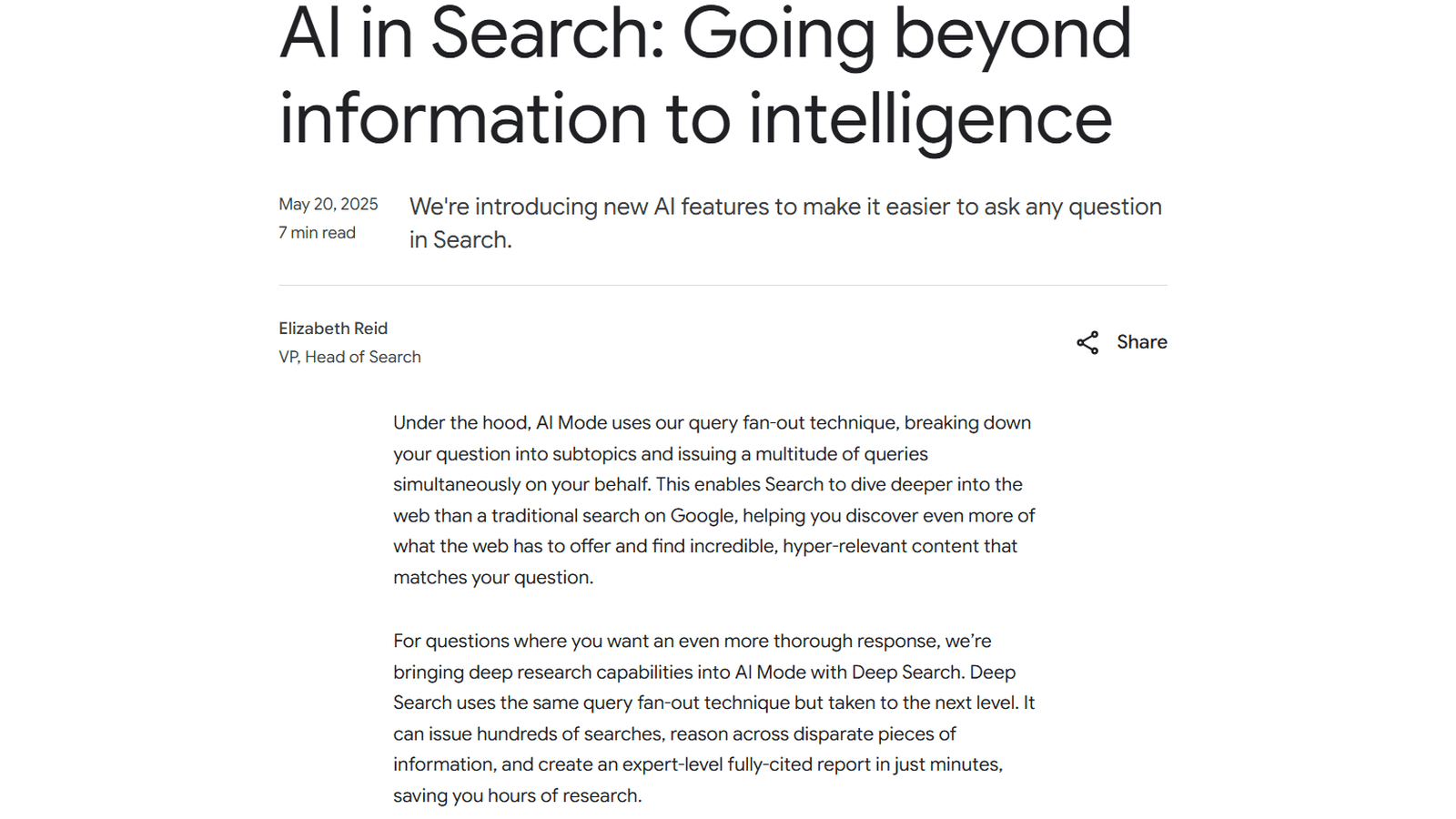Google公式ブログ「AI in Search: Going beyond information to intelligence」のクエリファンアウトとDeep Searchに関する記述