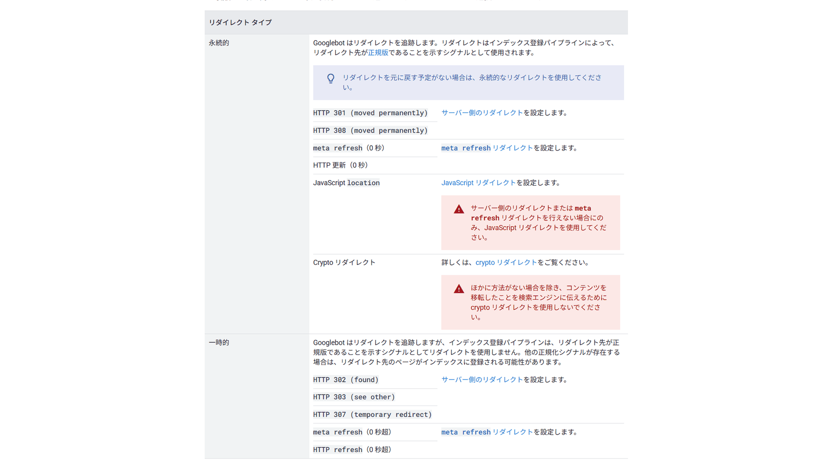 Google検索セントラル「リダイレクトと Google 検索」のリダイレクトの種類の一覧(永続的なリダイレクトと一時的なリダイレクト)
