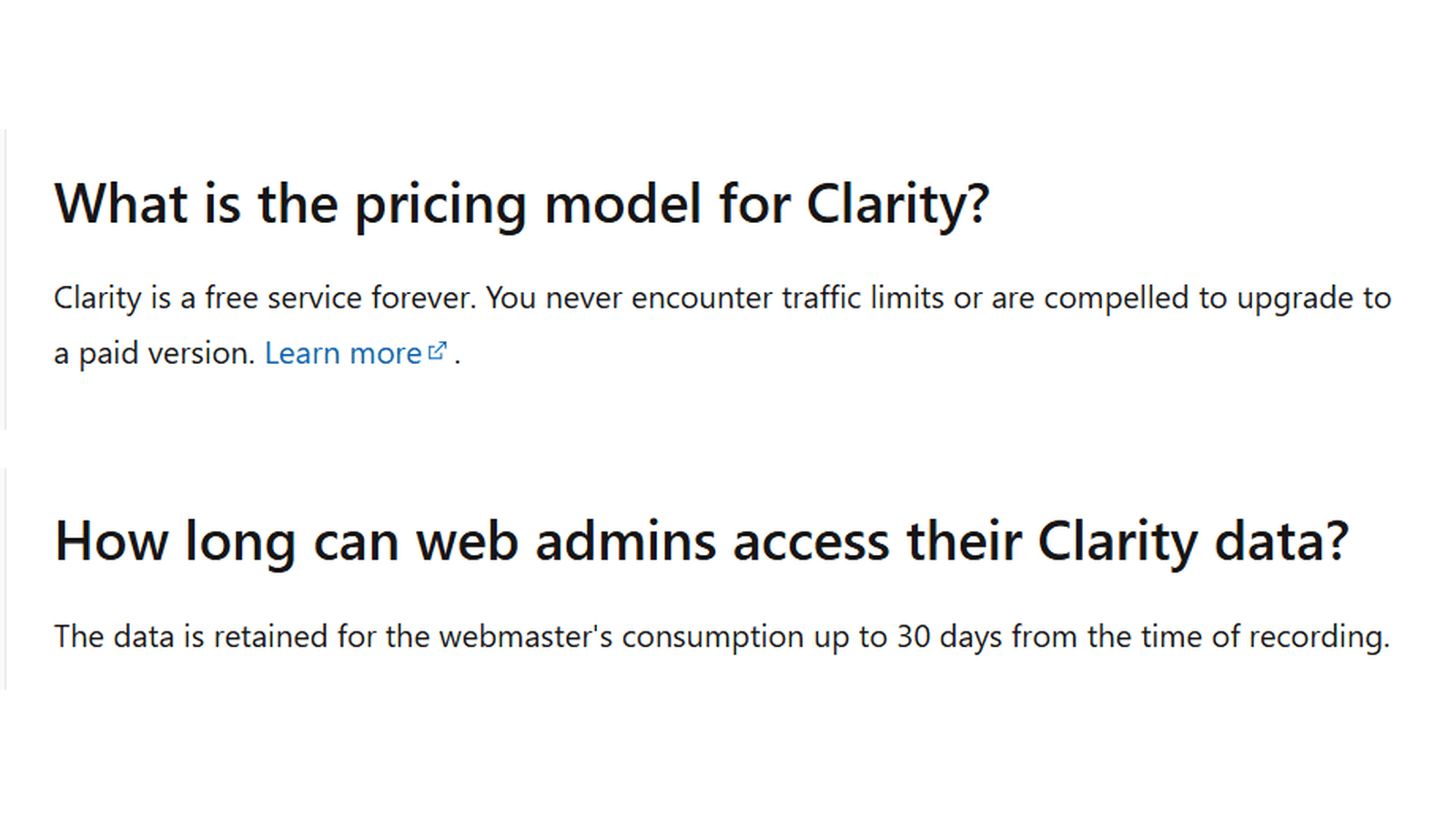 Microsoft Learn「Frequently asked questions」の該当箇所(料金は無料・トラフィック制限なし・データ保持は記録から30日)