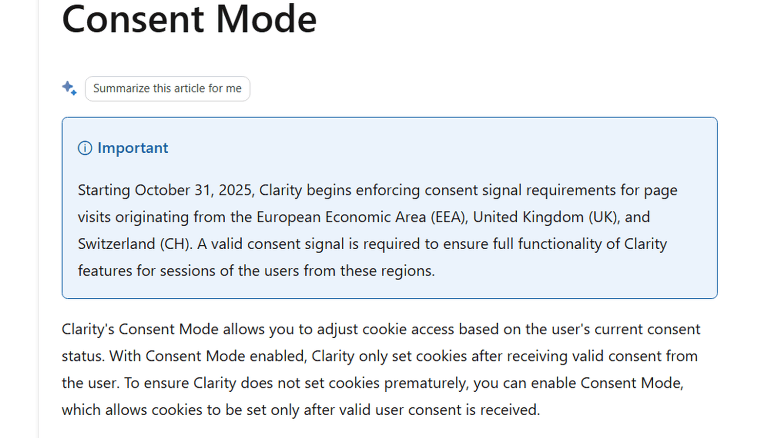 Microsoft Learn「Consent Mode」の該当箇所(2025年10月31日からEEA・英国・スイスの訪問に同意信号が必須)