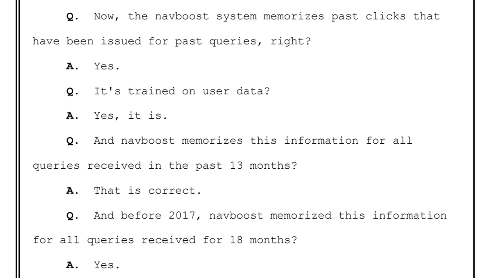米司法省対Googleの公判記録（同・6405ページ）。Navboostが過去13か月分の検索語のクリックを記憶していると証言している部分
