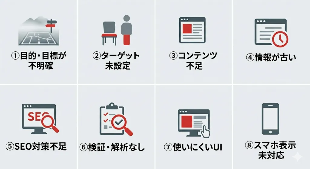 ホームページに集客できない8つの理由の概要図