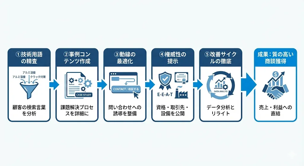 製造業SEOで本質的な成果を出すためのポイントの概要図