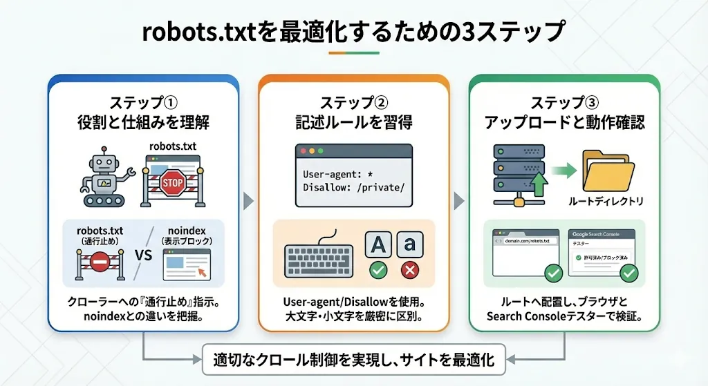 robots.txtの最適化の3ステップ概要図