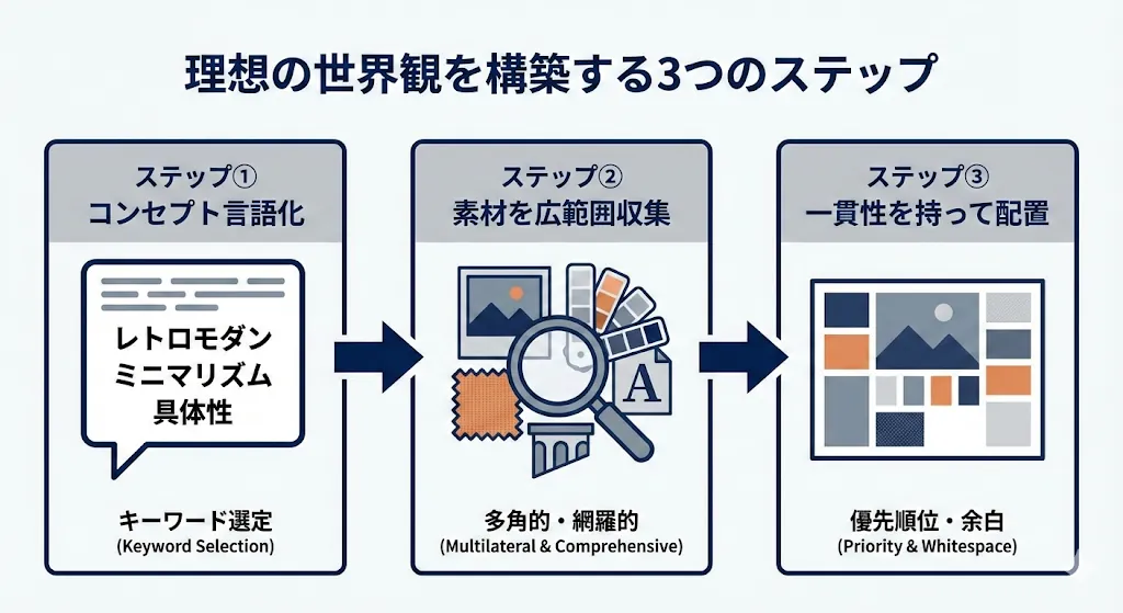 ムードボードを作成する3つのステップの概要図